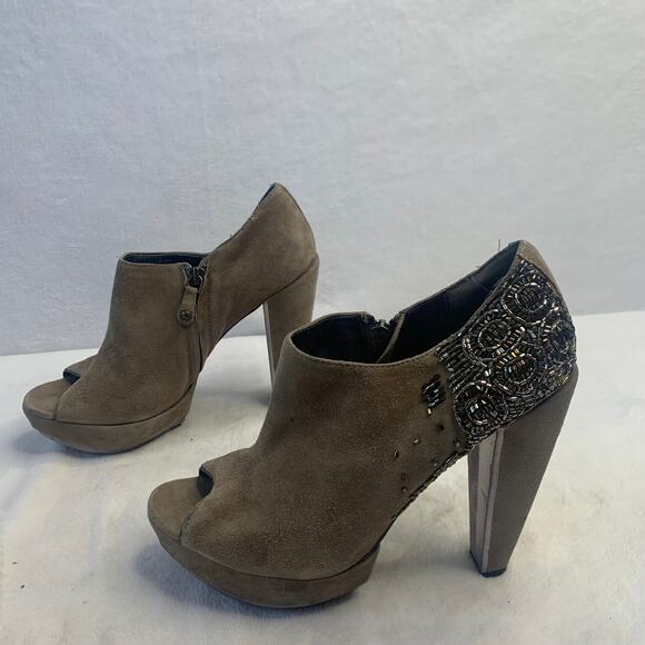 Sam Edelman Womens Sz 8 Taupe Suede Peep Toe Ankle Booties Beaded Heels Boots - Picture 3 of 9